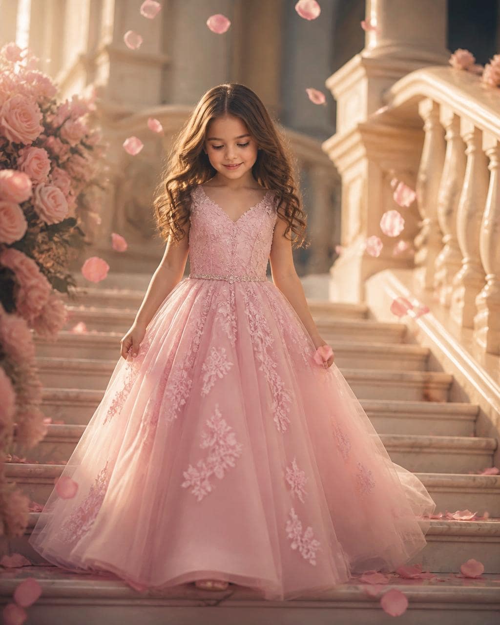 Princesa desce a escadaria com pétalas