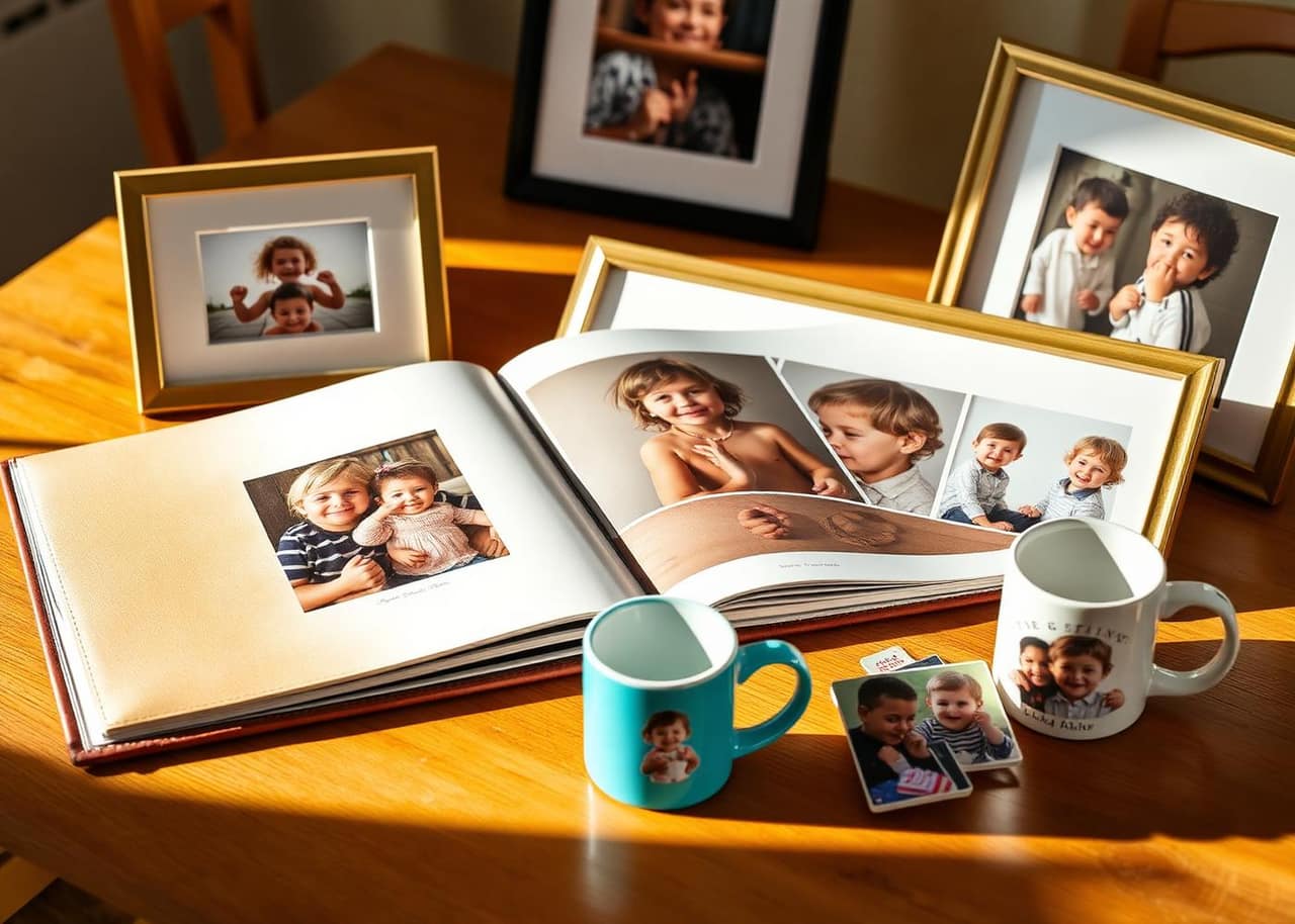 Álbuns, quadros, livros e brindes personalizados com fotos infantis.